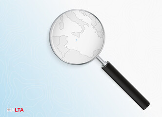 Magnifier with map of Malta on abstract topographic background.