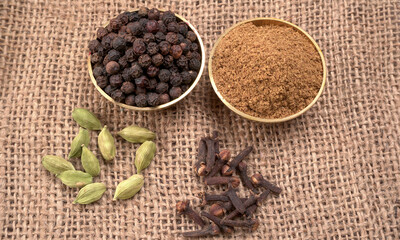 Group of Organic Black pepper isolated on white background. Selective focus and Top view (Flat Lay)