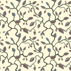 Creeper seamless pattern with small leaves on curly branches. Autumn vintage floral design. Simple abstract ornamental background. Stylish repeat decorative print