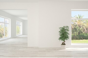 Obraz premium White empty room with summer landscape in window. Scandinavian interior design. 3D illustration