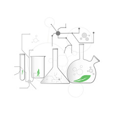The concept of studying ecology in laboratory chemical flasks. Biotechnological scientific background. Green leaf symbol.