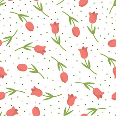 Seamless pattern with red tulips and dots