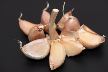 Raw garlic on a black background for cooking healthy dishes. Garlic is an antibacterial and antiviral agent that stimulates the immune system. An antioxidant with a pungent smell.