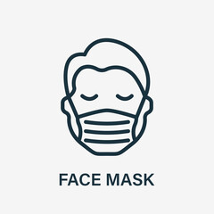 Man in Face Mask Line Icon. Medical Face Protection Mask Cover Mouth and Nose of Human. Wear Respirator against Virus, Air Pollution, Dust and Allergy. Editable stroke. Vector illustration