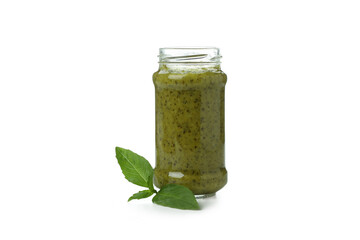 Jar of Pesto sauce isolated on white background