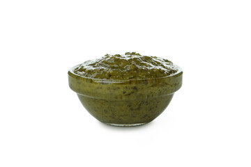 Bowl of Pesto sauce isolated on white background