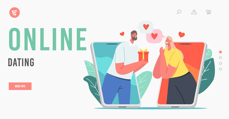 Online Dating Landing Page Template. Modern Romance Relationship. Male a Character Giving Present to Woman in Smartphone