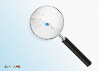 Magnifier with map of Suriname on abstract topographic background.