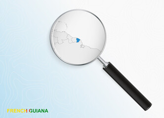 Magnifier with map of French Guiana on abstract topographic background.