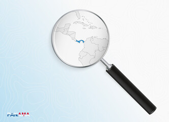 Magnifier with map of Panama on abstract topographic background.