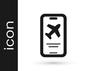 Black Smartphone with electronic boarding pass airline ticket icon isolated on white background. Passenger plane mobile ticket for web and app. Vector