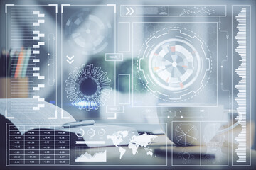 Multi exposure of technology theme drawing and desktop with coffee and items on table background. Concept of data research.