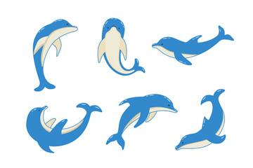 Set of cartoon dolphins in different poses, vector illustration of marine animals. Painted dolphins swim.