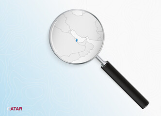 Magnifier with map of Qatar on abstract topographic background.