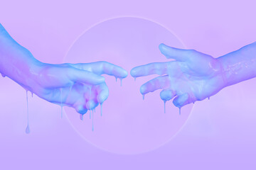 Human fingers dipped in color paint. Painted hands. Liquid drips off palms. Gesture. Contemporary art collage. Abstract surreal pop art style. Modern concept image. Zine culture. Funky minimalism.