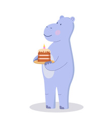 Cute cartoon hippo character with a cake in his hands. Vector illustration isolated on white. Concept birthday party, a holiday for children.