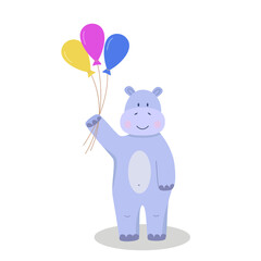 Cute cartoon hippo character with colorful balloons in his hands. Vector illustration isolated on white. Concept birthday party, a holiday for children.