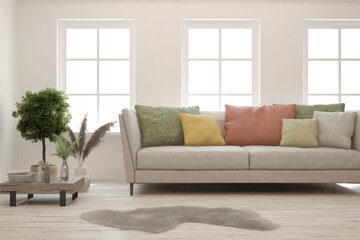 White living room with sofa. Scandinavian interior design. 3D illustration