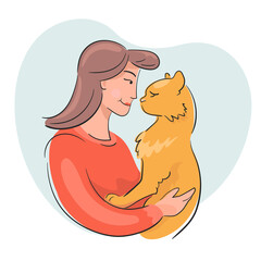 Girl hug red domestic cat. Woman hugging kitten with love, pretty friendship of man and pet, flat sketch isolated on white background with halftone color heart element, vector illustration