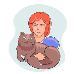 Girl hug domestic cat. Woman hugging brown kitten with love, friendship of man and pet, handwritten flat sketch isolated on white background, vector illustration