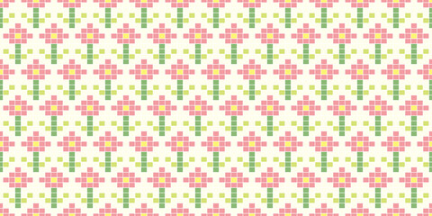 Pixel art. Organic motif, botanical motif background. Seamless pattern.Vector.ピクセルアートのスタイリッシュな有機的パターン