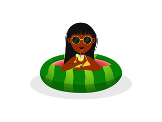 Illustration of a black girl drinking lemon juice in hot summer vacation.
