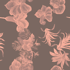 Coral Hibiscus Foliage. Pink Flower Backdrop. Gray Watercolor Set. Floral Jungle. Seamless Texture. Pattern Leaves. Tropical Design. Botanical Illustration.