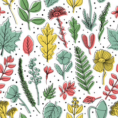 A seamless pattern of dried leaves and flowers for the herbarium.