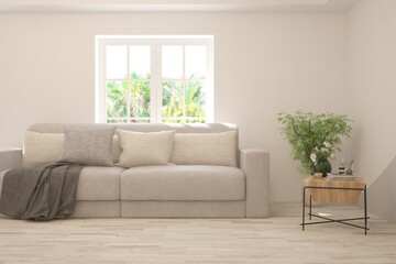 White living room with sofa and summer landscape in window. Scandinavian interior design. 3D illustration