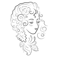 Portrait of a beautiful girl. Black outlines. Hairstyle with curly hair decorated with flowers and leaves.