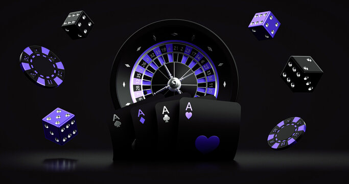 Black Purple And Silver Roulette Wheel With Playing Cards, Chips And Dices, Isolated On The Black Background. Casino Modern Concept - 3D Illustration 