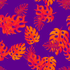 Neon Monstera Leaf. Violet Botanical Foliage. Purple Tropical Design. Orange Seamless Palm. Pink Pattern Print. Yellow Watercolor Illustration. Summer Texture.