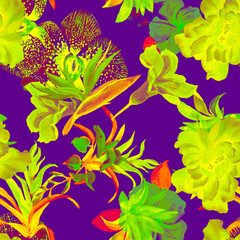Fototapeta na wymiar Lavender Flower Garden. Colorful Summer Decor. Neon Seamless Set. Watercolor Textile. Pattern Design. Floral Foliage.Exotic Wallpaper.Botanical Design.