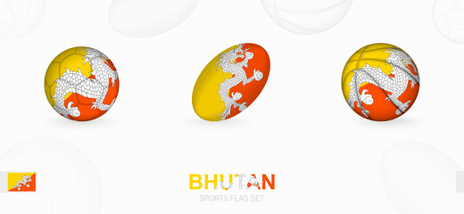 Sports icons for football, rugby and basketball with the flag of Bhutan.