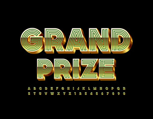 Vector luxury sign Grand Prize. Maze style Font. 3D Green and Gold Alphabet Letters and Numbers set