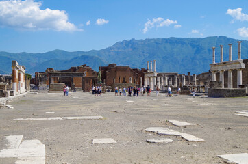 Famous landmark of ancient and historic city temple ruins with columns and walls on archeologic...
