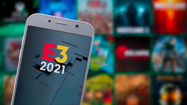 E3 logo on smartphone screen. This year, the most famous game event is 100% online, 7th Jun, 2021, Sao Paulo, Brazil