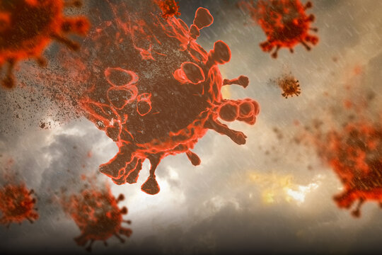Concept global change from virus disasters,apocalypse and respiratory epidemics from viruses and coronavirus or Covid 19,virus floating in the air attacking people in society for illness,3d rendering