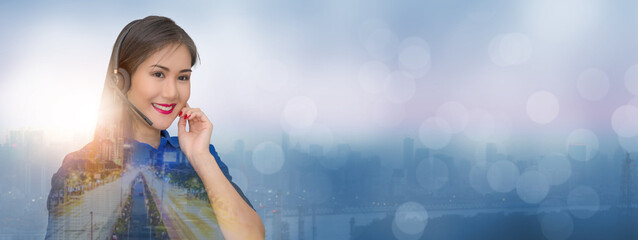 Double exposure beautiful woman customer operator helpline service team center,service team,staff...