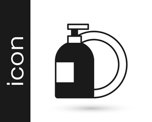 Black Dishwashing liquid bottle and plate icon isolated on white background. Liquid detergent for washing dishes. Vector