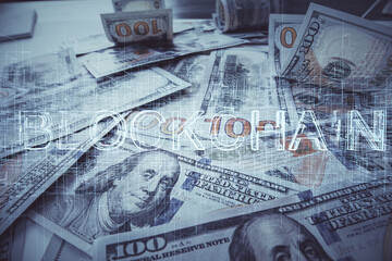 Multi exposure of crypto theme drawing over us dollars bill background. Concept of blockchain success.