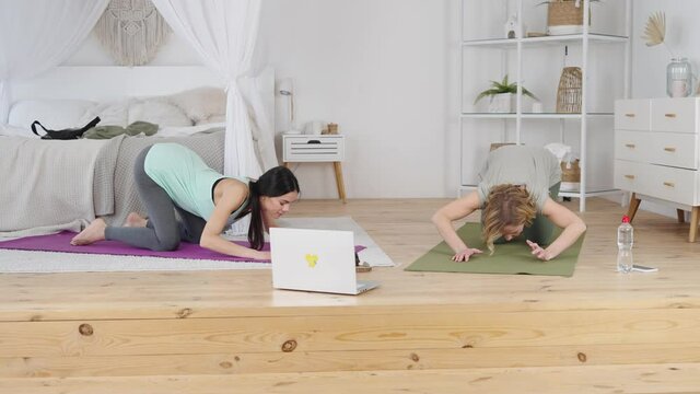 Professional yoga instructor practicing asana with young woman at home, looking at laptop and showing video explanaton of exercise in positive calm atmosphere. Healthy lifestyl and body balance