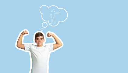 Childhood and dream about big and famous future. Conceptual image with boy and silhouette of sportive male american football player on blue background.