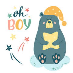 Nursery Vector illustration in cartoon style. Cute teddy bear on cloud with pillow, nightcap and stars. oh boy lettering. For baby room, baby shower, greeting card, textile print. Hand drawn nursery