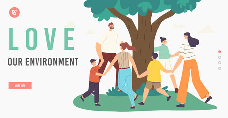 Outdoor Environmental Activity Landing Page Template. Happy Family Dance around Tree. Mother, Father and Children