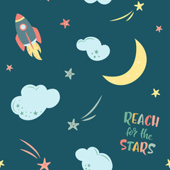 Sky seamless pattern with stars, clouds, rocket, moon and hand drawn lettering on dark blue background. Cosmos theme. For baby room, nursery, baby shower, greeting card, textile pattern
