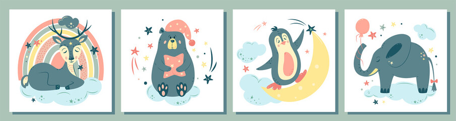 Big set of nursery vector illustration. Cute animals in cartoon style. For baby room, baby shower, greeting card, textile print. Hand drawn nursery. Dreaming deer, teddy bear, penguin, elephant