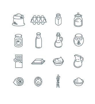Ingredients for baking at home. Raw products for preparing homemade pastry. Thin line icons. Simple outline pictograms of flour, salt, sugar, milk, butter, oil, eggs, jam, honey, chocolate, vanilla