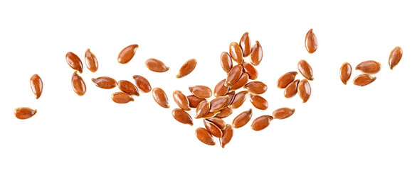 Top view of brown flaxseed isolated on a white background. Dried linseeds. - obrazy, fototapety, plakaty