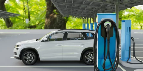 Foto op Aluminium Charge point of electric vehicle charging station, 3d render © kinwun